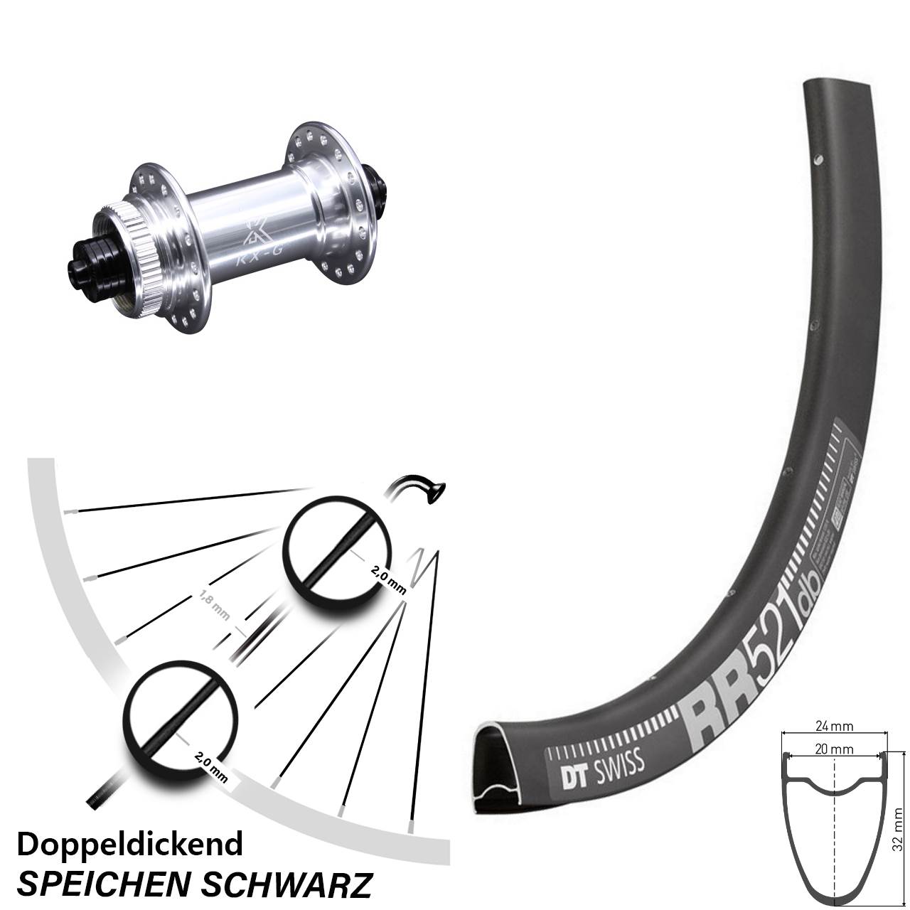 Vorderrad 28 Zoll DT Swiss RR 521 KX-G silbern 5x100 mm Schnellspanner