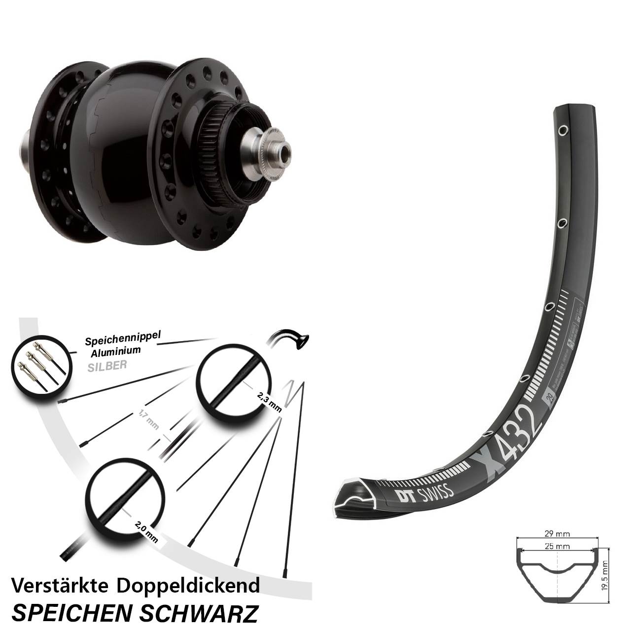 Disc Laufrad mit Nabendynamo QR 29 Zoll DT Swiss X432 SON 28