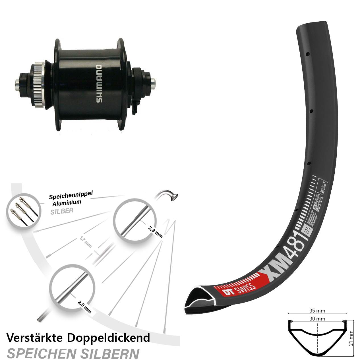 DT Swiss XM481 Shimano DH-UR700-3D 27,5 Zoll Nabendynamovorderrad Schnellspanner