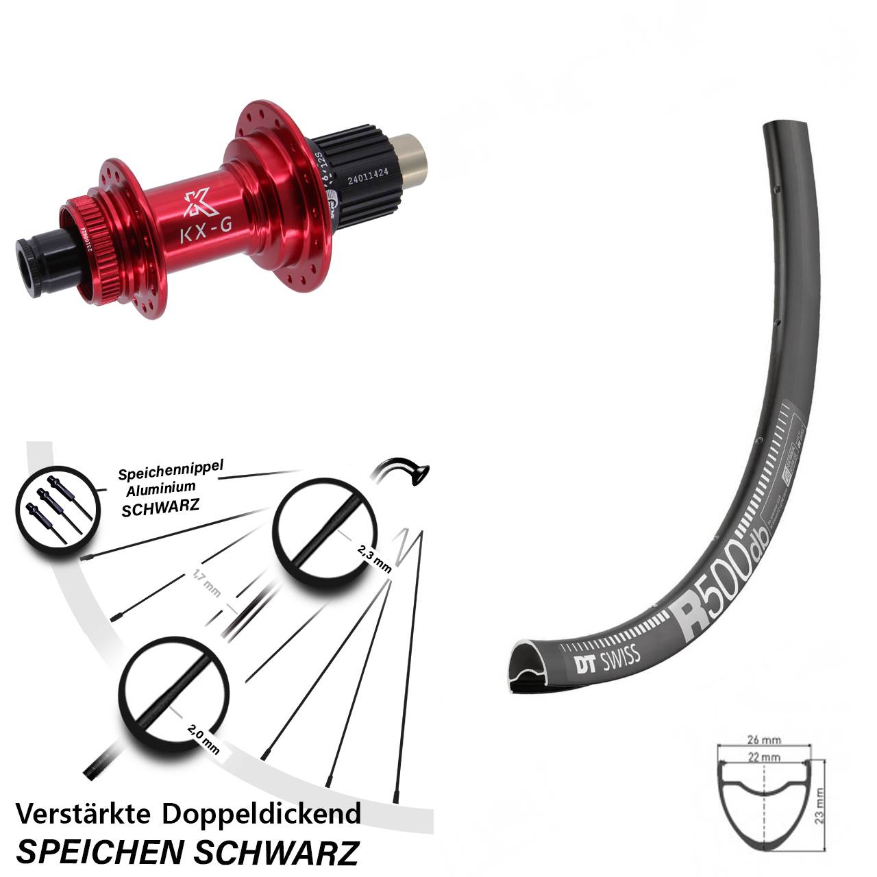 28 Zoll DT Swiss R500 KX-G rot Centerlock Hinterrad 12x142 Micro Spline