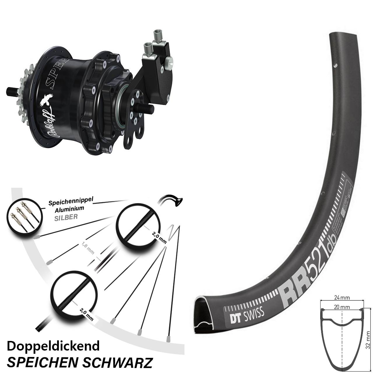 Hinterrad 28 Zoll DT Swiss RR 521 Disc Rohloff Speedhub 500/14 TS DB Tandem schwarz
