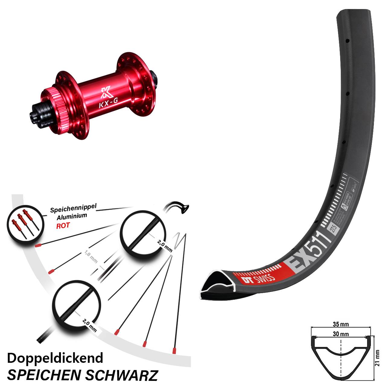 DT Swiss EX 511 Vorderrad 29 Zoll KX-G Nabe rot-eloxiert 5x100