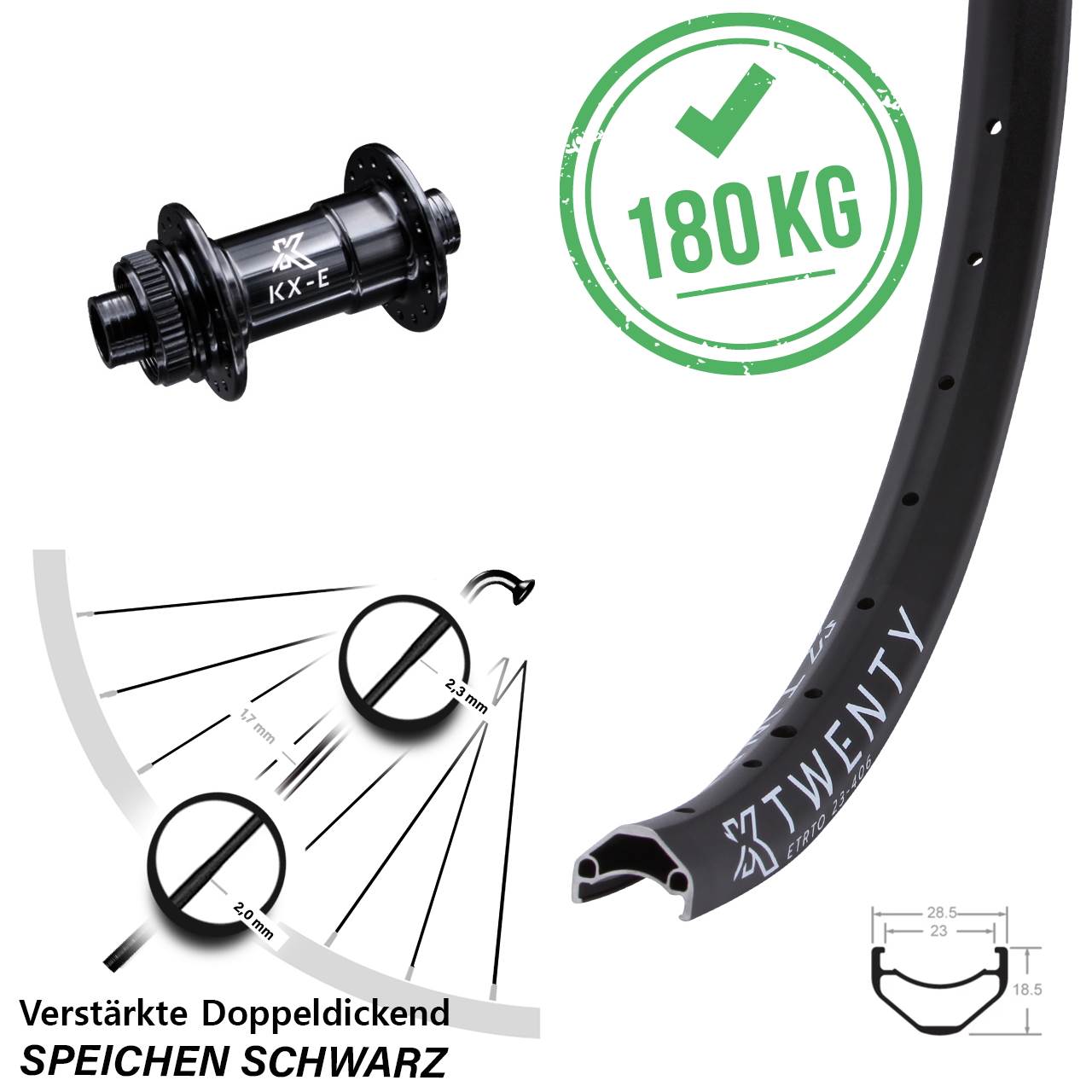 KX-E Twenty Disc Vorderrad 20 Zoll Centerlock 15x100 mm schwarz verstärkt 4 Kugellager