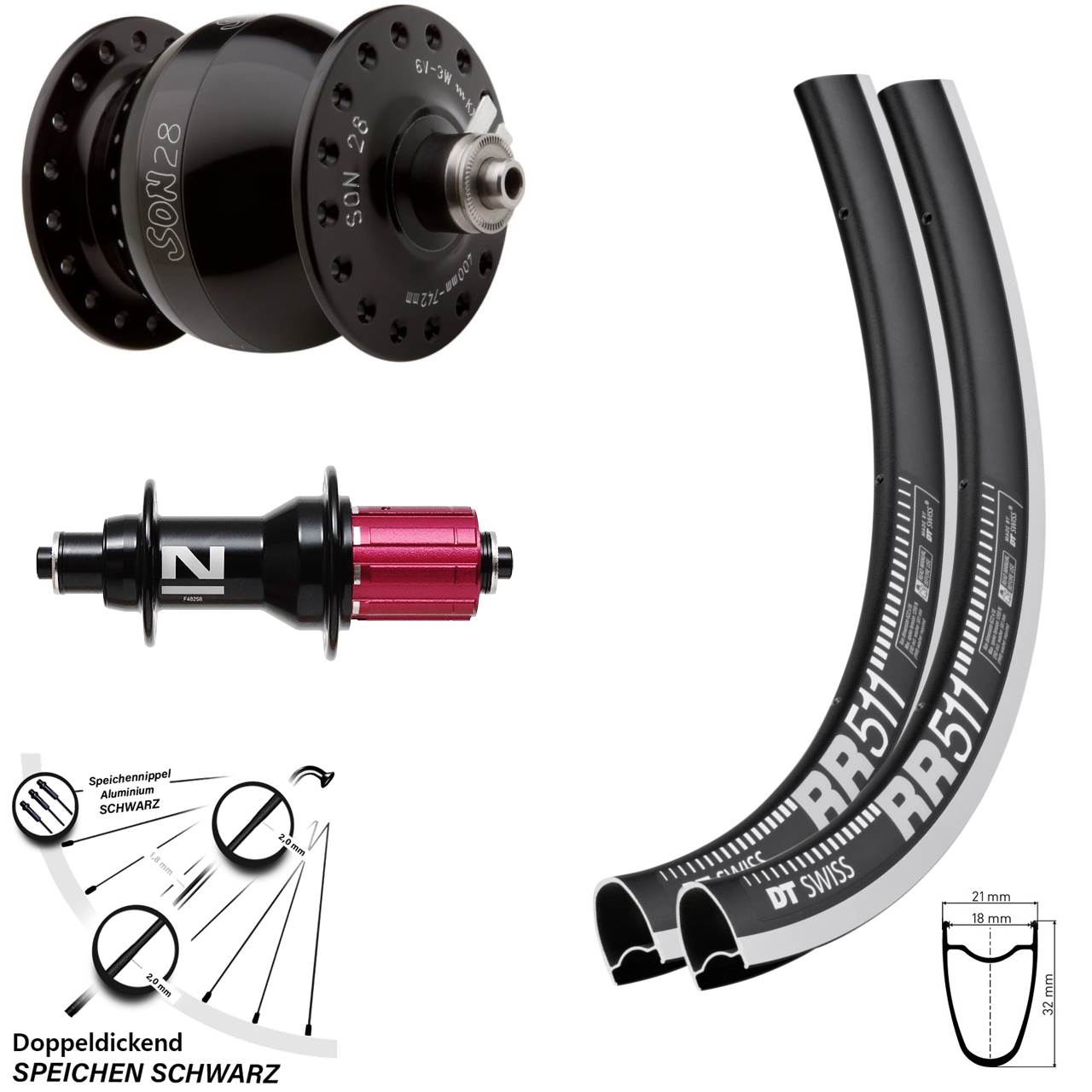 28 Zoll DT Swiss RR 511 Felgenbremse Radsatz 5x100/130 Novatec F482SB SL SON 28 8-12 fach