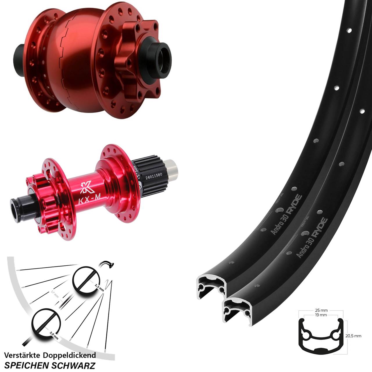 Ryde Andra 30 KX-M rot SON 28 Zoll Disc Laufradsatz 15x100 12x142 Shimano Micro Spline