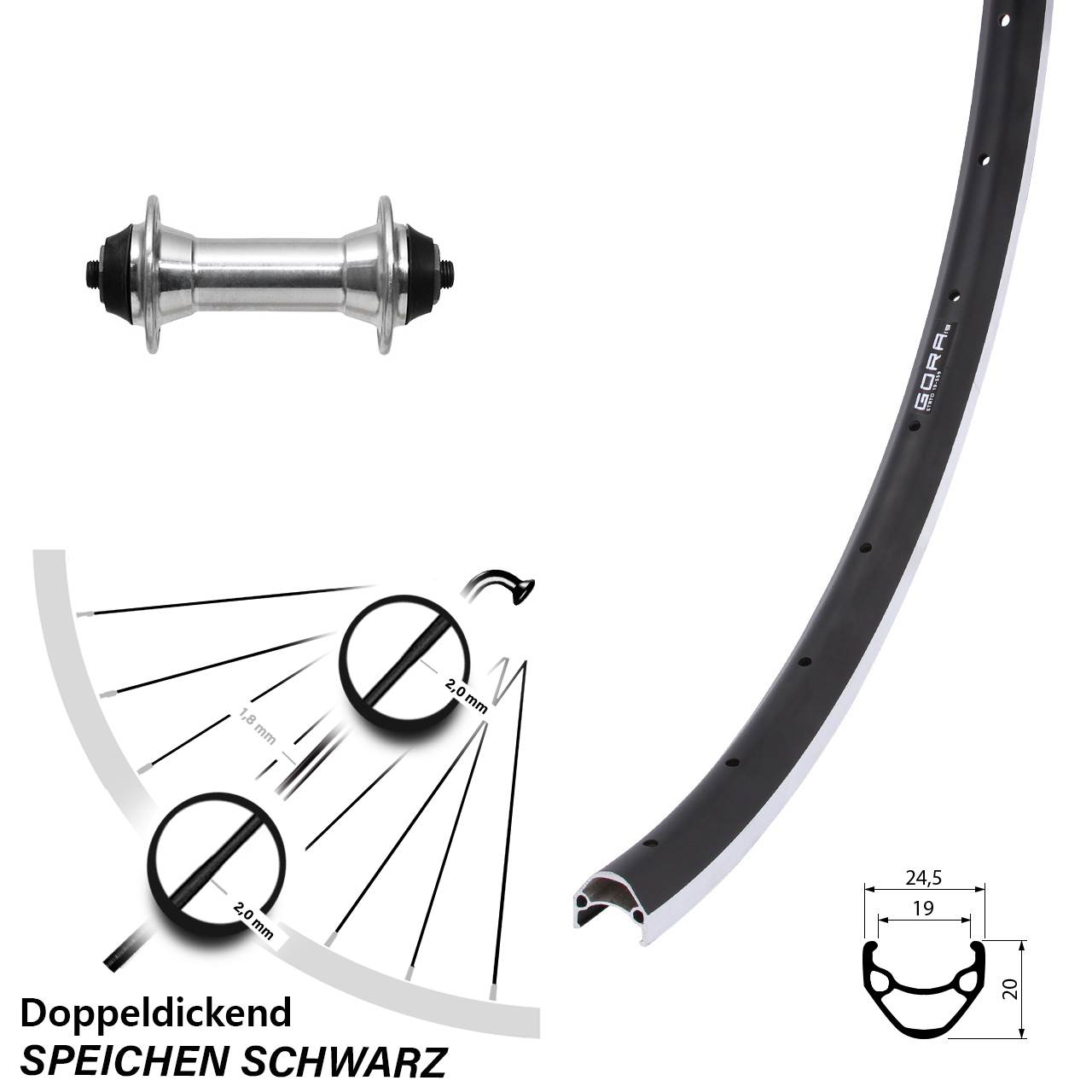 Laufrad 26 Zoll Gora 19 Felgenbremse schwarz Formula FM-21 silbern