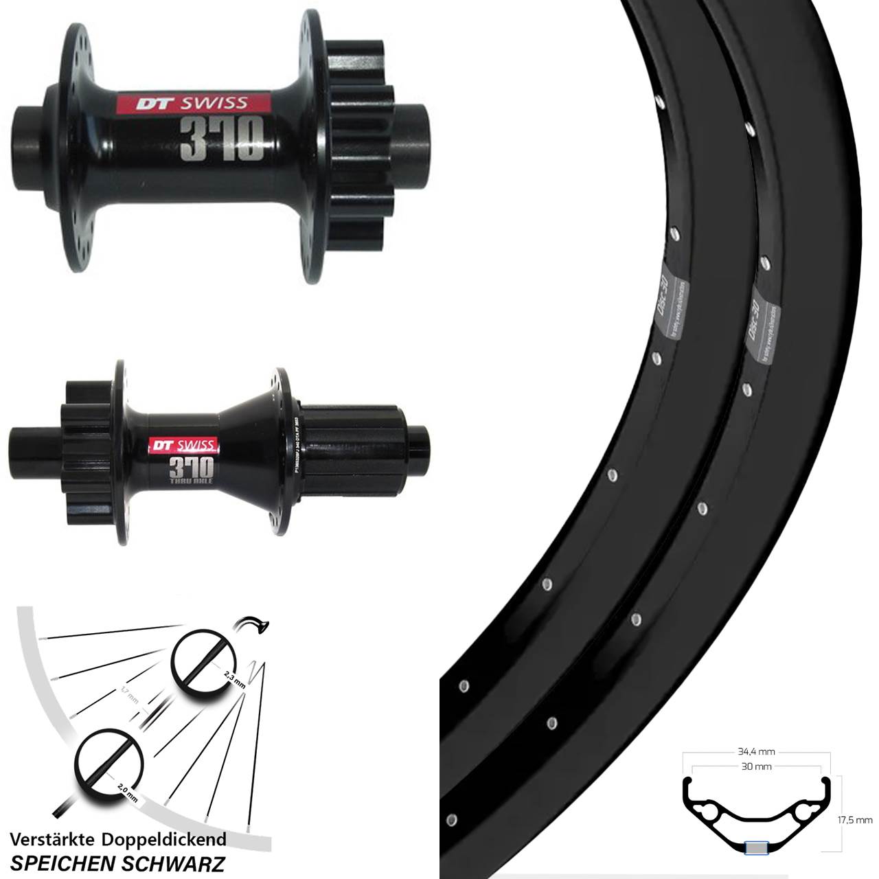 Laufradsatz 27,5 Zoll Ryde Disc 30 DT Swiss 370 8-11 fach HG 15x100 12x142