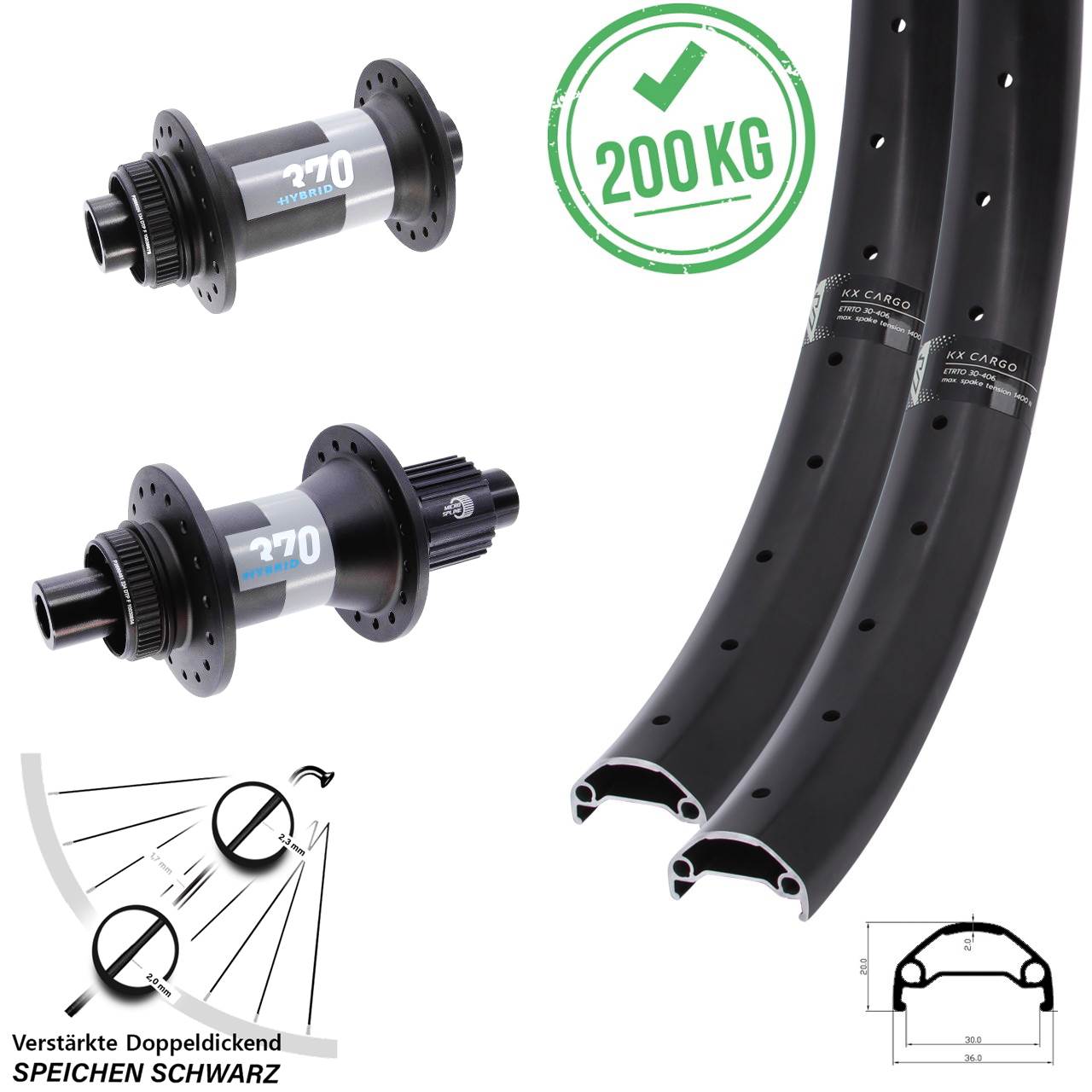 Disc Laufrad-Satz 20 Zoll 650B KX Cargo DT Swiss 370 Hybrid Micro Spline 15x110 12x148