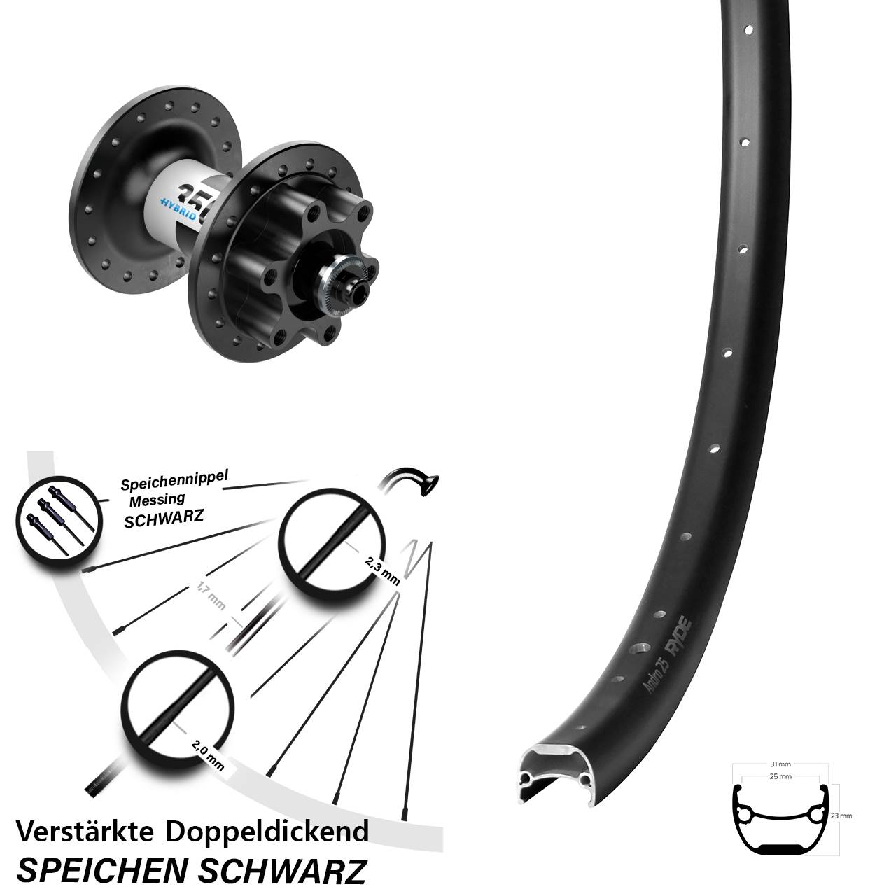 Ryde Andra 25 DT Swiss Hybrid 350 28 Zoll Disc Vorderrad für Schnellspanner