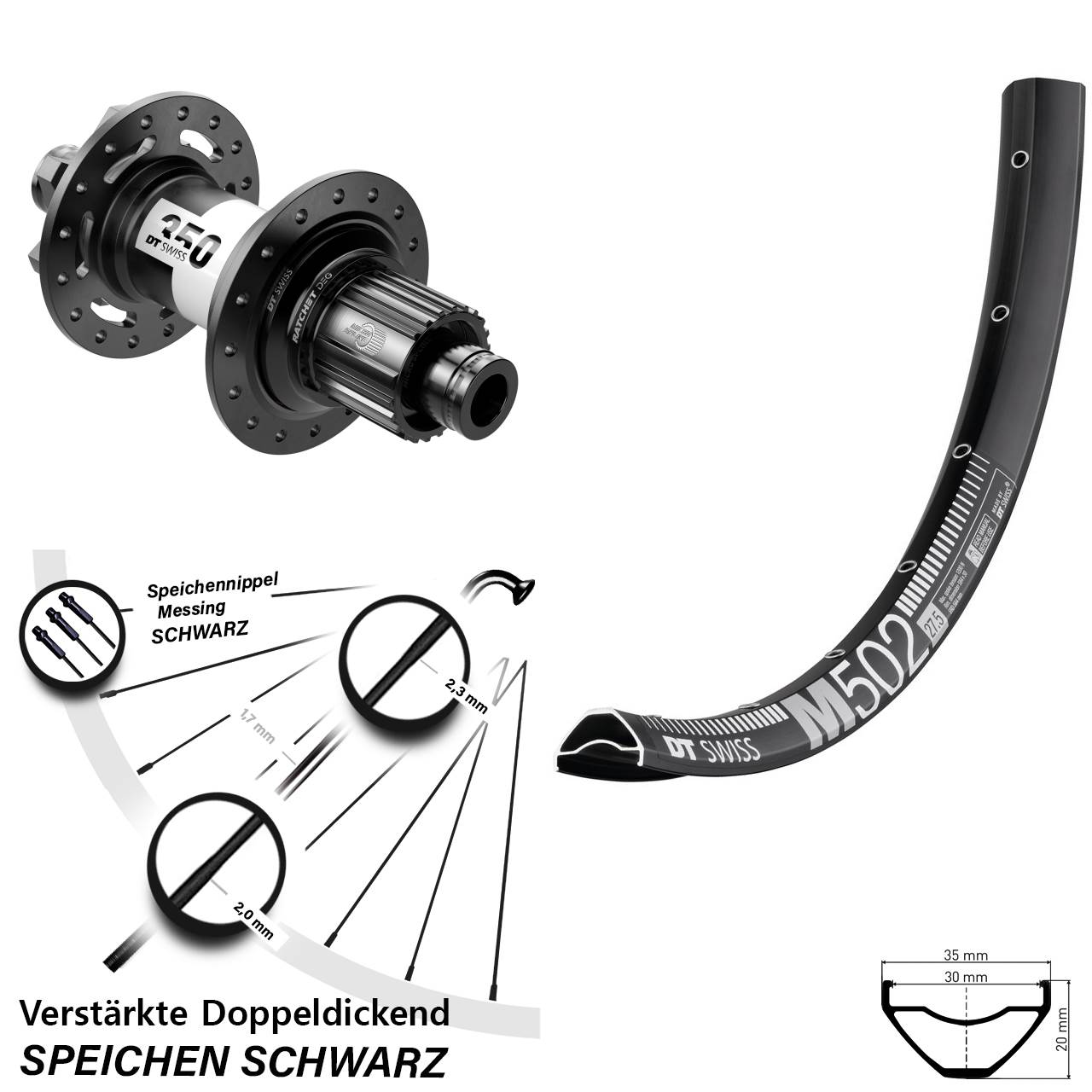 29 Zoll DT Swiss M502-350 DEG72 Hinterrad 6-Loch 12x148 Shimano Micro Spline