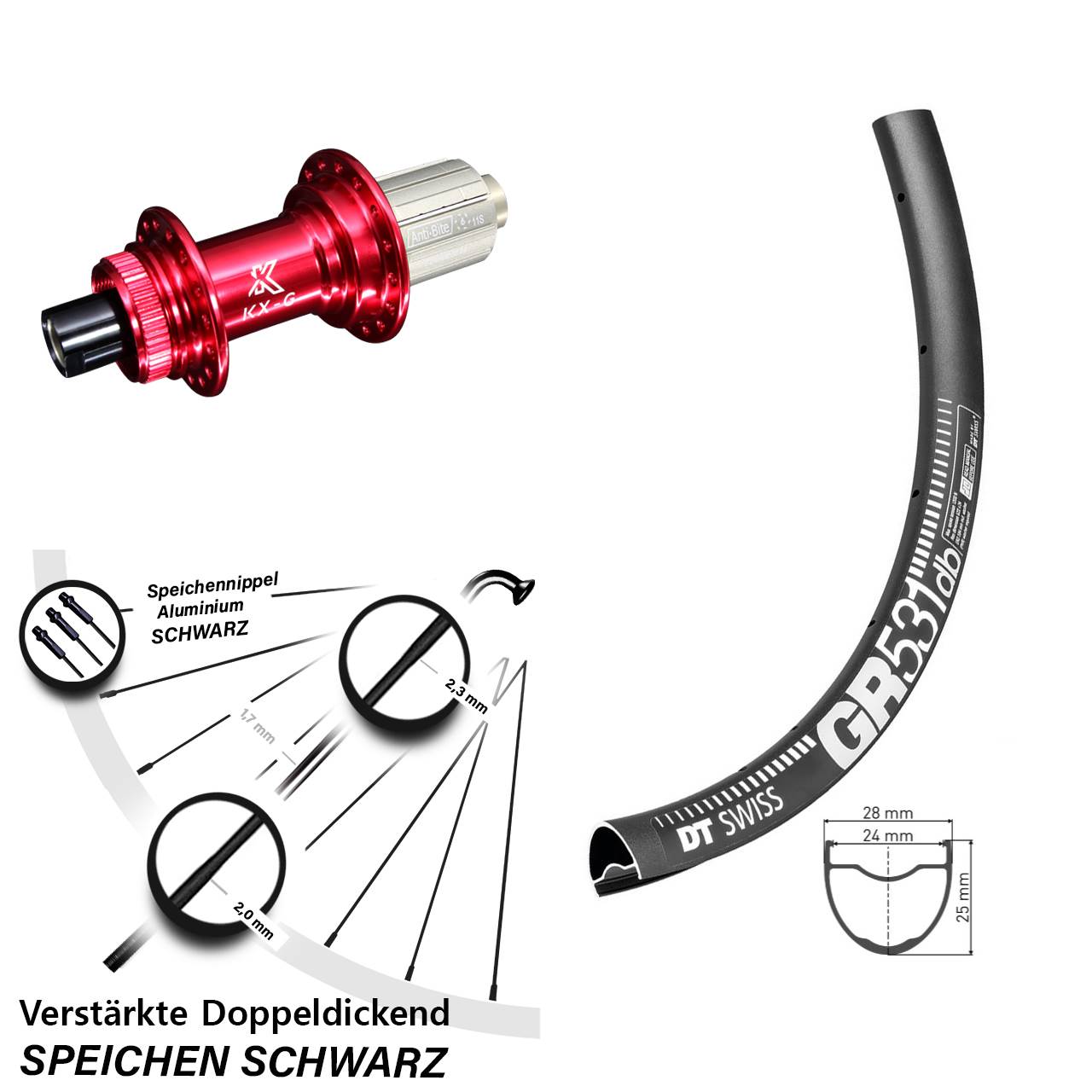 Gravel Hinterrad 28-29 Zoll KX-G rot Steckachse Centerlock 8-12 fach DT Swiss GR 531