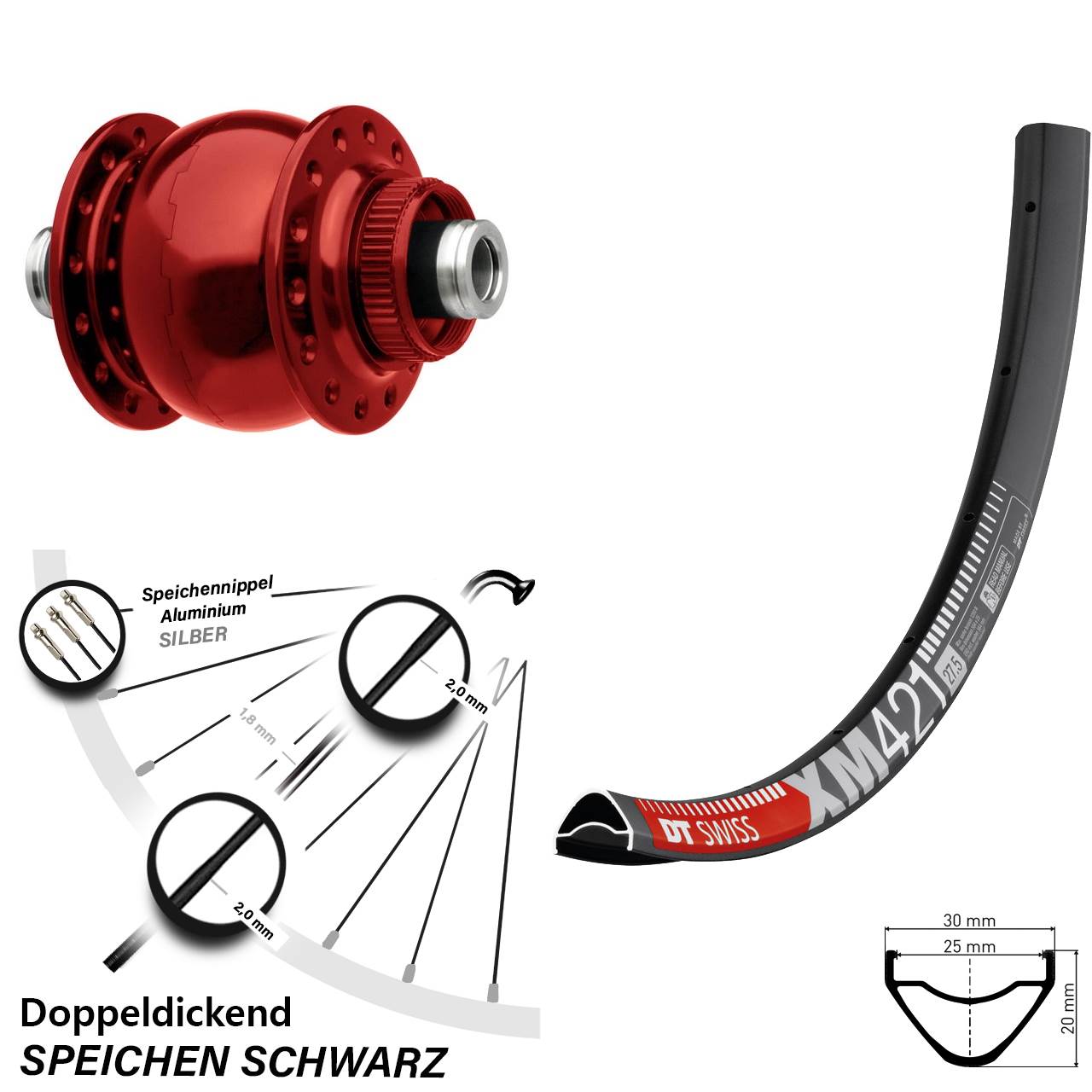 Centerlock Vorderrad mit Dynamo 29 Zoll DT Swiss XM421 SON 28 rot 12x100