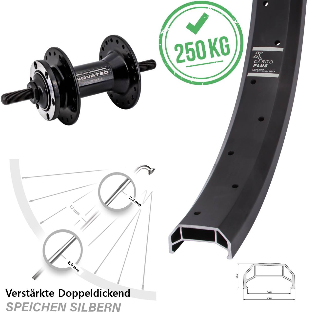 KX Cargo Plus Heavy Duty Novatec D763 20 Zoll Disc Laufrad Vollachse
