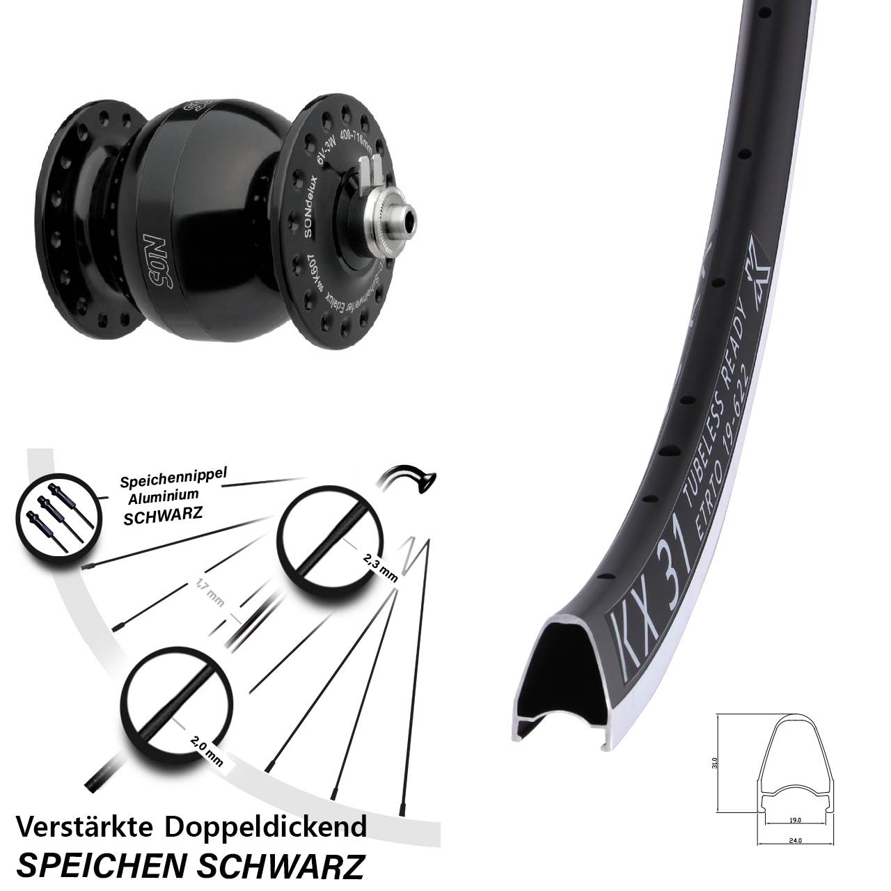Vorderrad 28 Zoll KX 31 Hochprofil SON delux Wide Body Felgenbremse schwarz