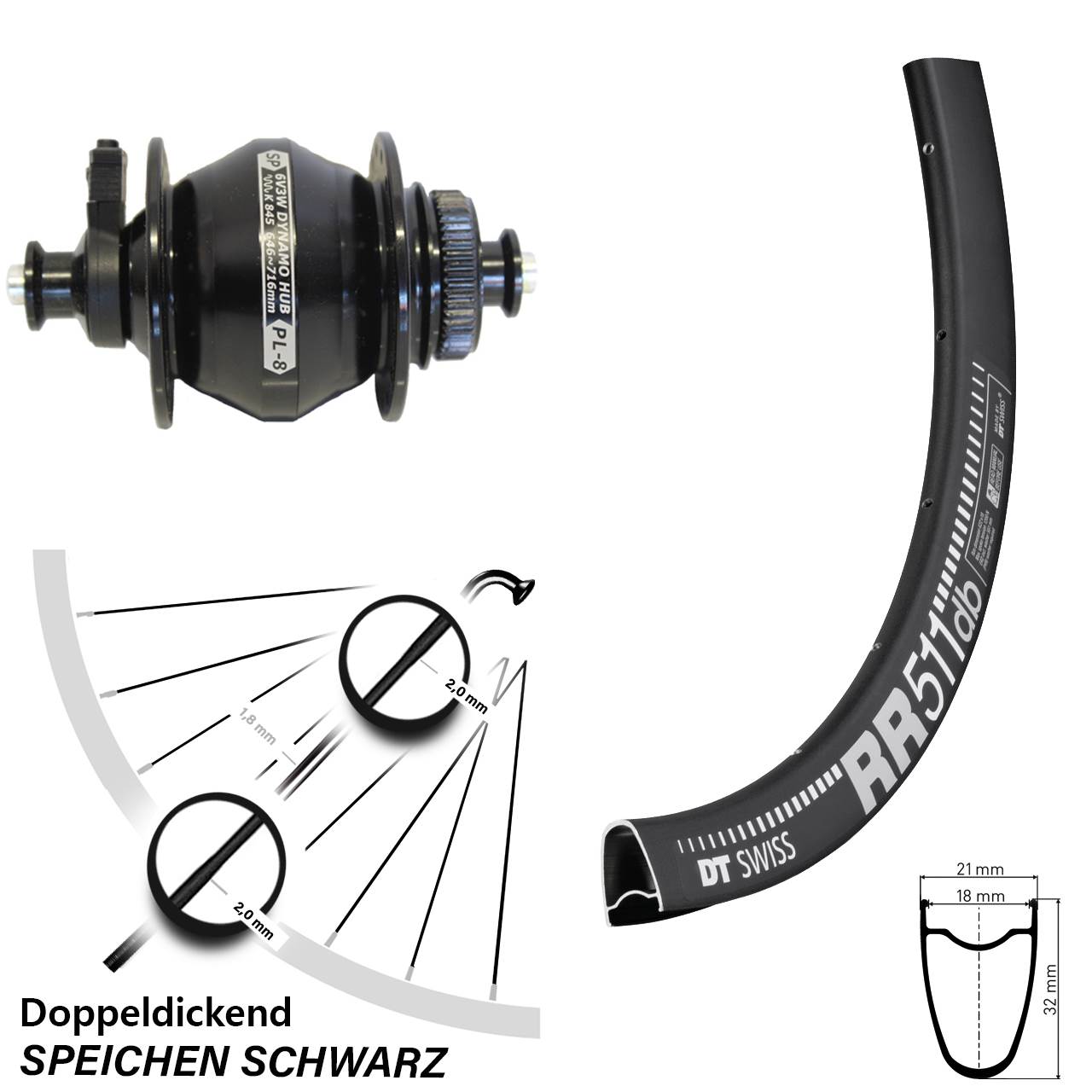 DT Swiss RR 511 Shutter PL-8 28 Zoll Disc Laufrad mit Nabendynamo QR