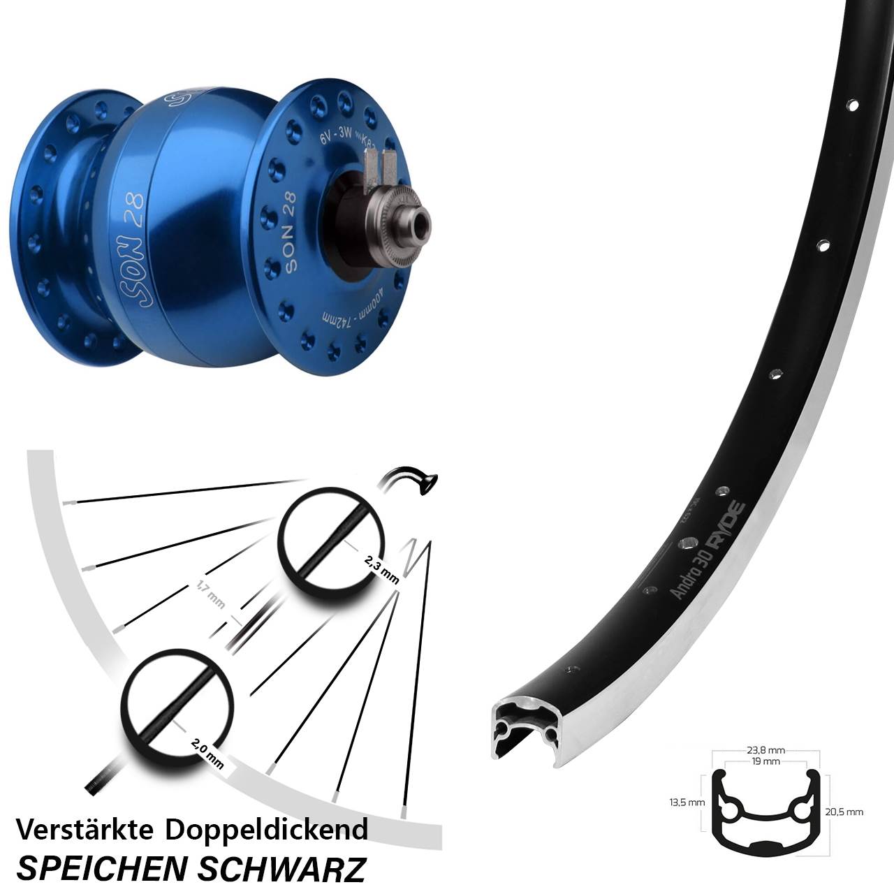 26 Zoll Ryde Andra 30 SON 28 blau Nabendynamovorderrad QR