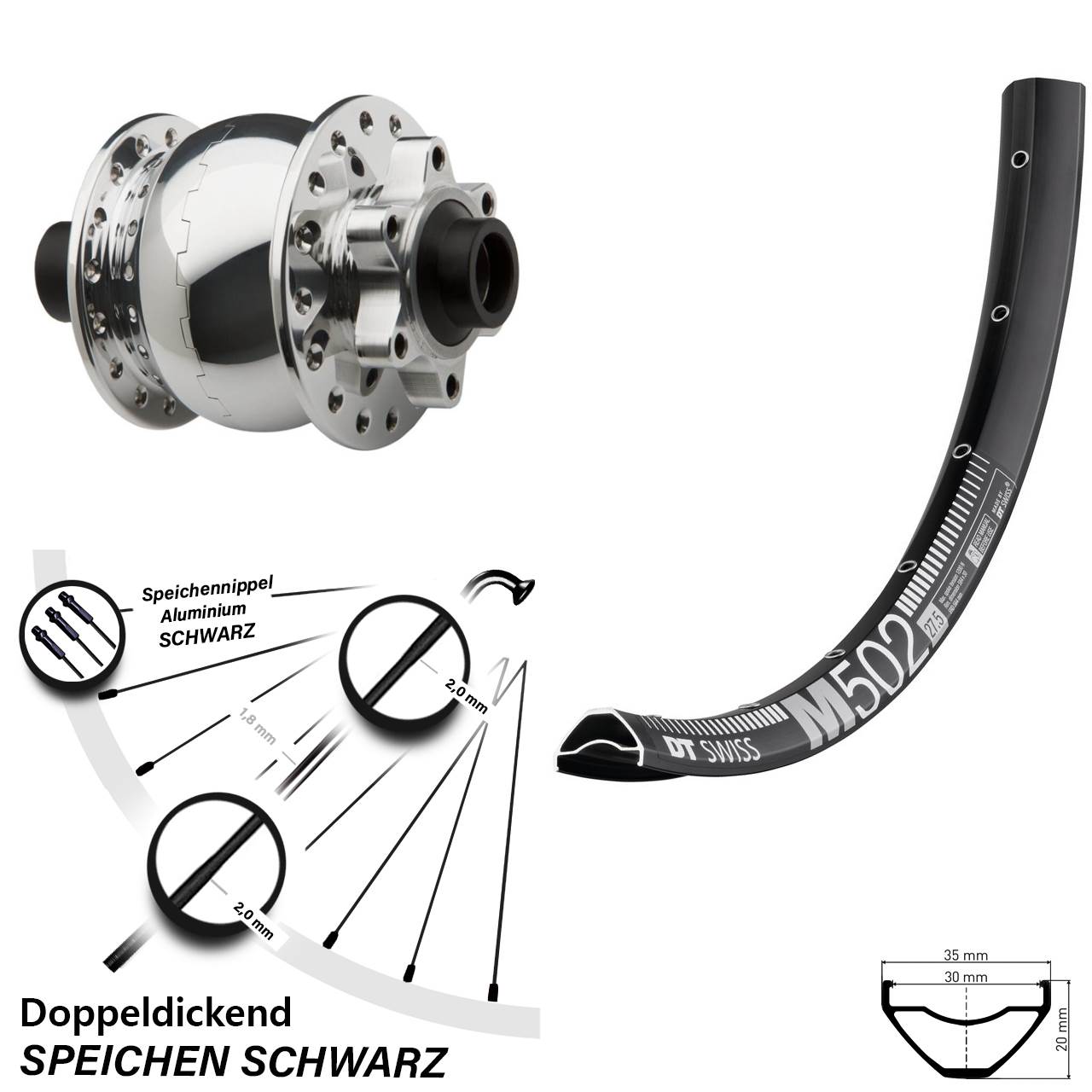Vorderrad 27,5+ Zoll DT Swiss M 502 Nabendynamo Son 28-15 rot