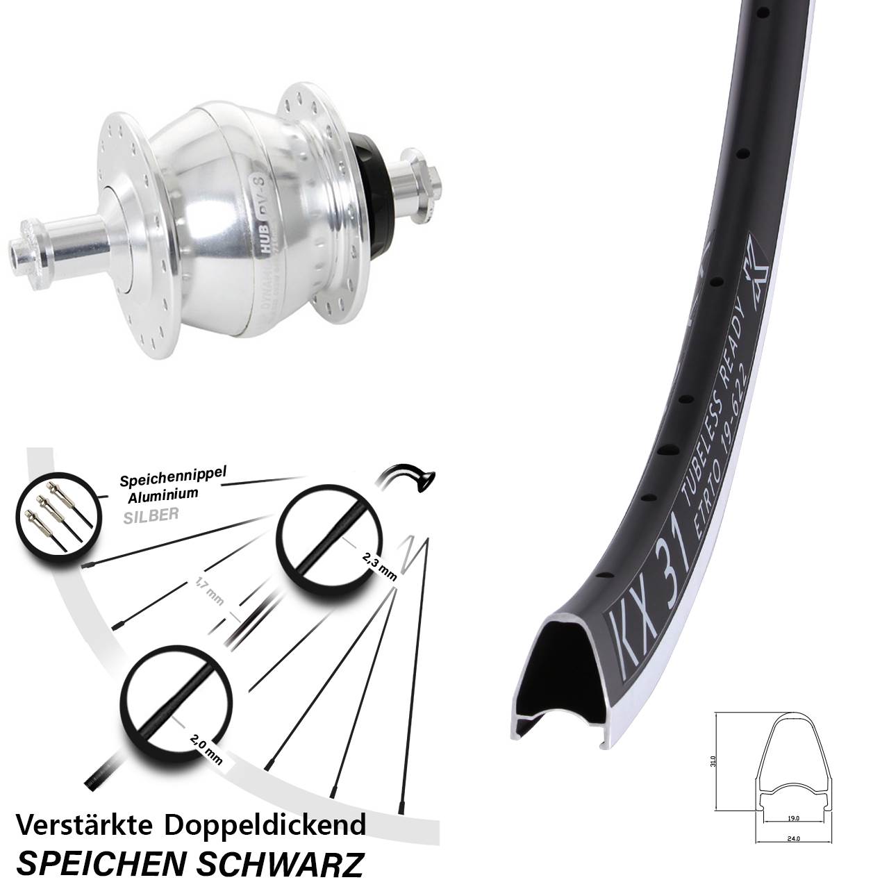 Vorderrad mit Nabendynamo 28 Zoll KX 31 Shutter PV-8 für Schnellspanner