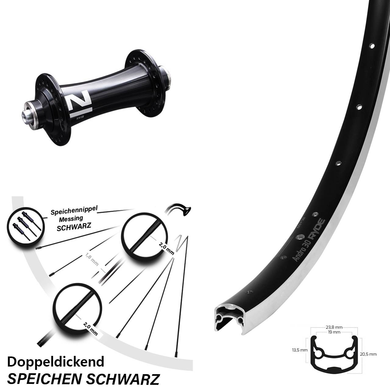 28 Zoll Vorderrad Ryde Andra 30 Novatec A141 für Schnellspanner