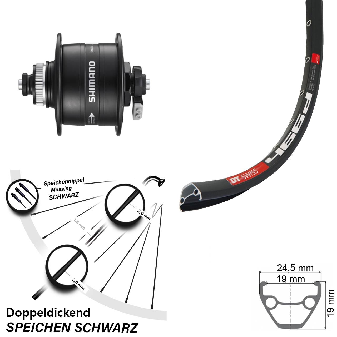 Nabendynamo-Vorderrad Centerlock 28 Zoll DT Swiss 466 Shimano DH-3D37 für Schnellspanner