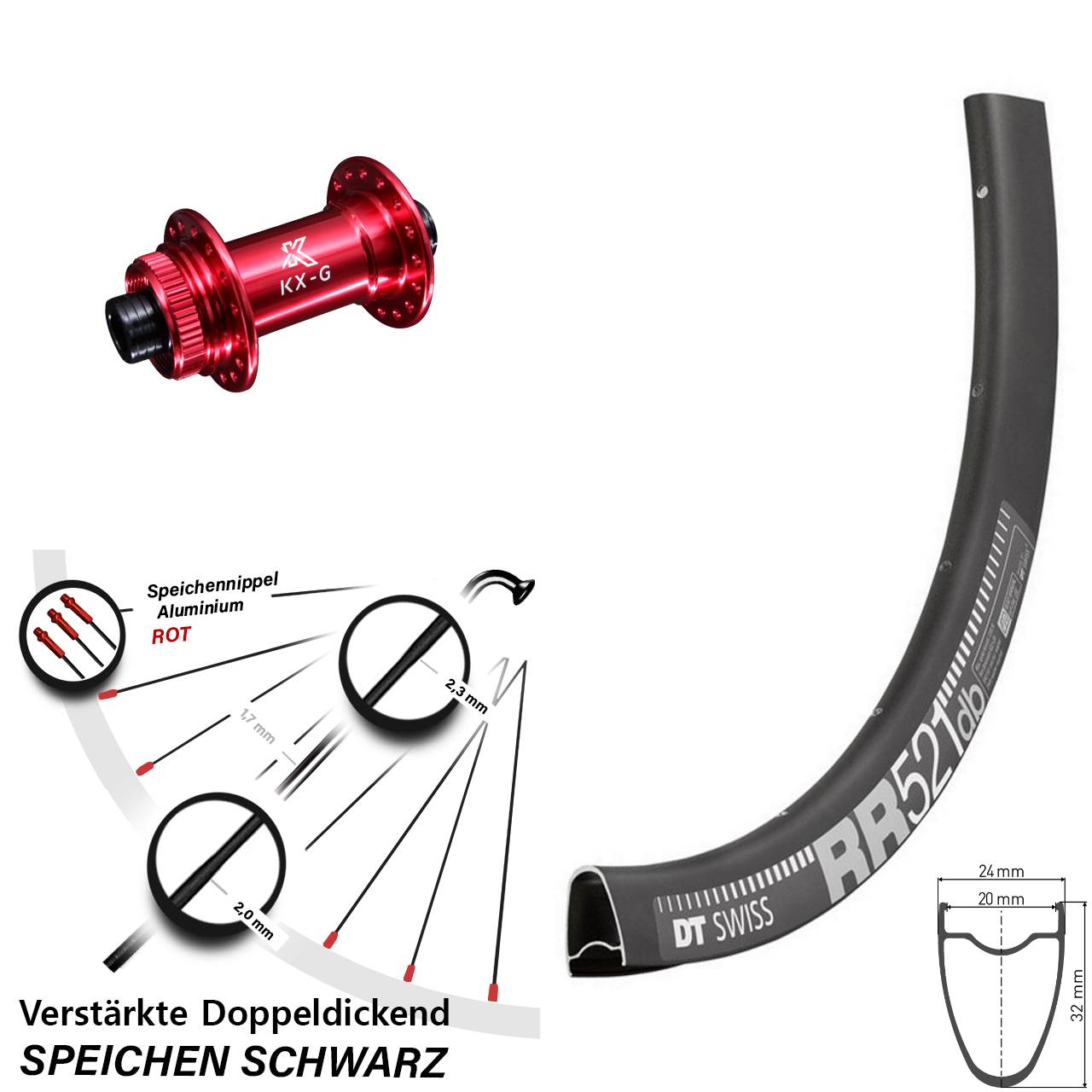 Vorderrad 28 Zoll DT Swiss RR 521 DB schwarz KX-G Vorderradnabe 12x100