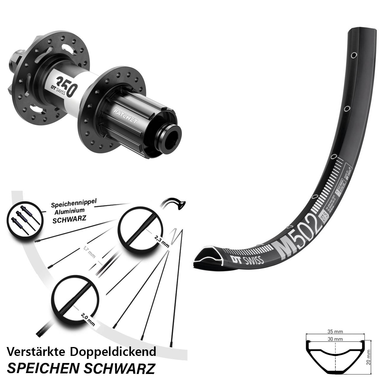DT Swiss M 502 350 27,5 Zoll Hinterrad 6-Loch 12x157 8-11 fach