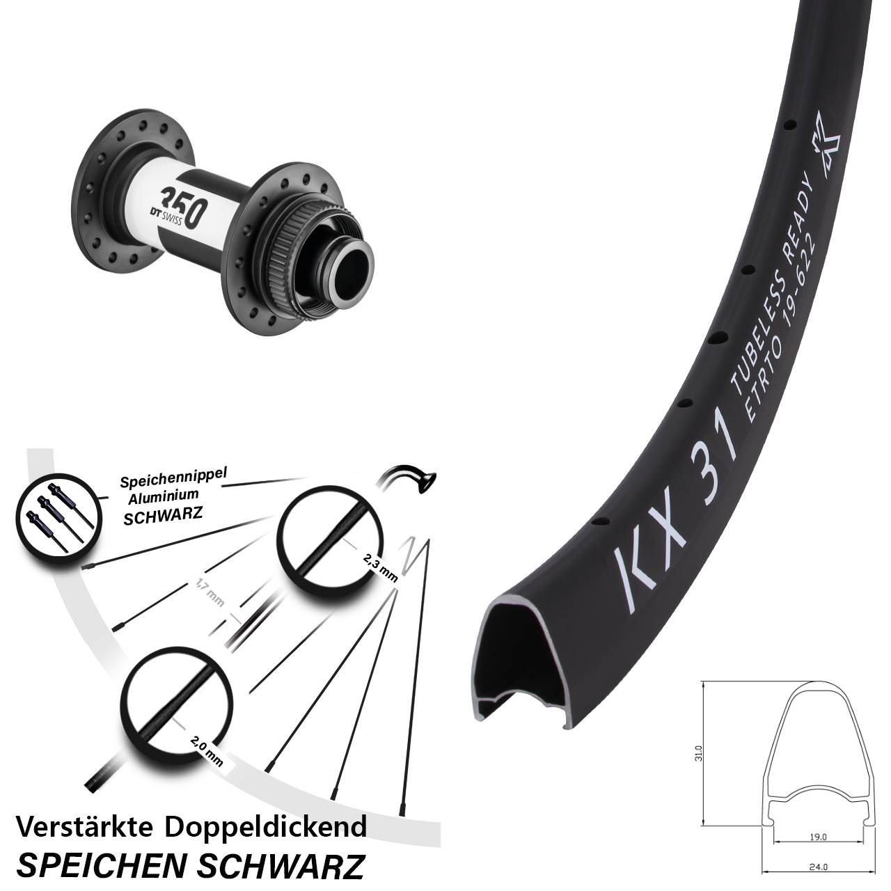 28 Zoll KX 31 DT Swiss 350 Centerlock Vorderrad 15x100