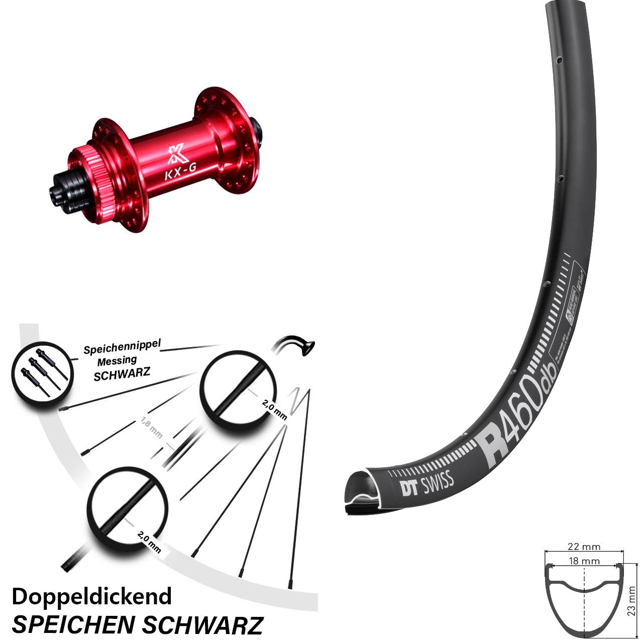 28 Zoll Vorderrad DT Swiss R 460 DB mit KX-G Nabe rot-eloxiert