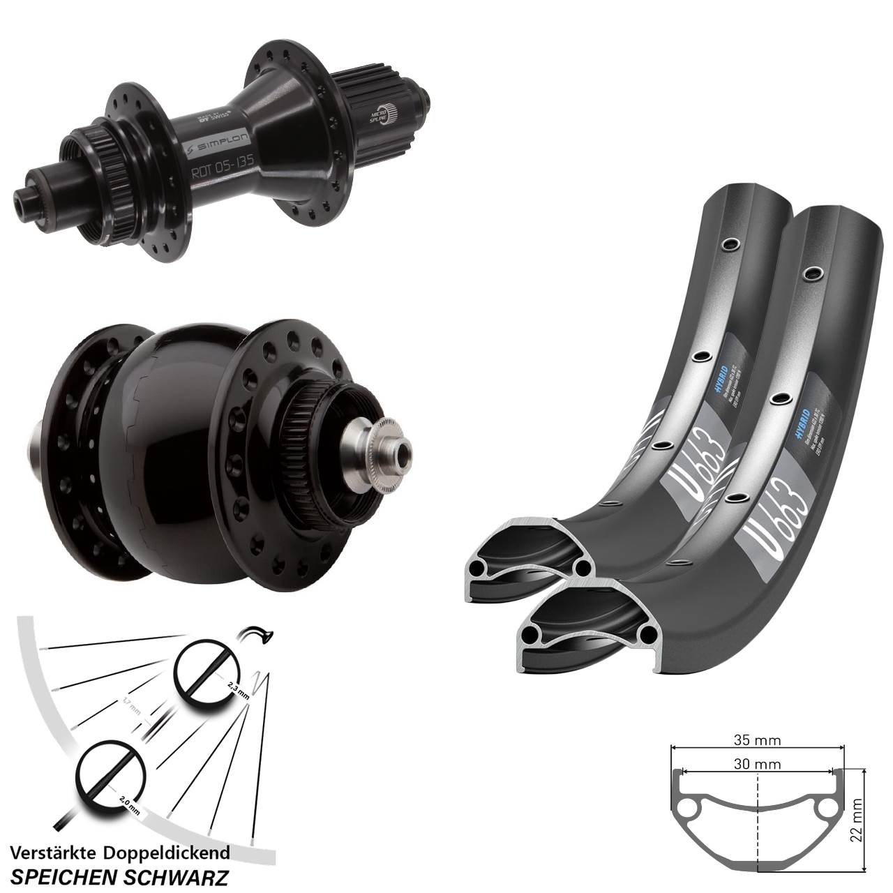 27,5 Zoll DT Swiss U663 370 Hybrid SON 28 Disc Laufrad-Satz QR Shimano Micro Spline