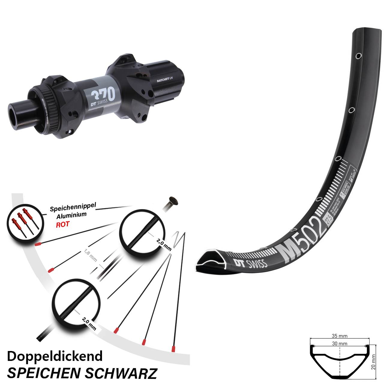 27,5 Zoll DT Swiss M 502-370 Centerlock Hinterrad 12x148 8-11 fach HG