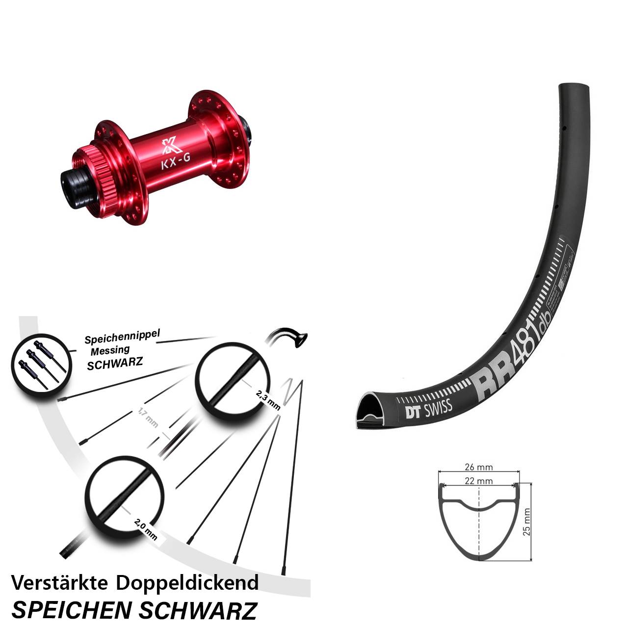 Vorderrad 28 Zoll DT Swiss RR 481 DB Disc verstärkt KX-G rot 12x100
