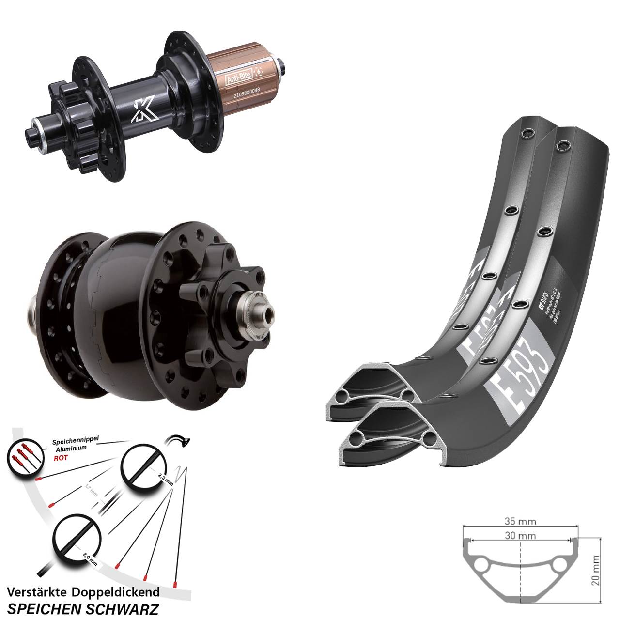Disc Laufrad-Satz 27,5 Zoll DT Swiss E593 KX-M SON 28 8-12 fach HG für Schnellspanner