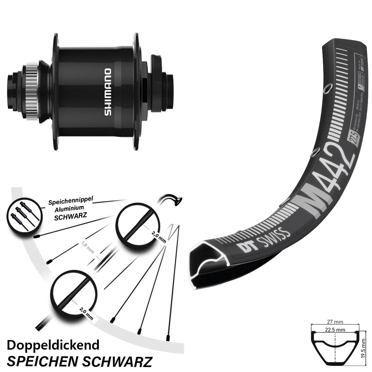 28-29 Zoll DT Swiss M442 Shimano DH-UR708 Centerlock Vorderrad mit Nabendynamo 15x100