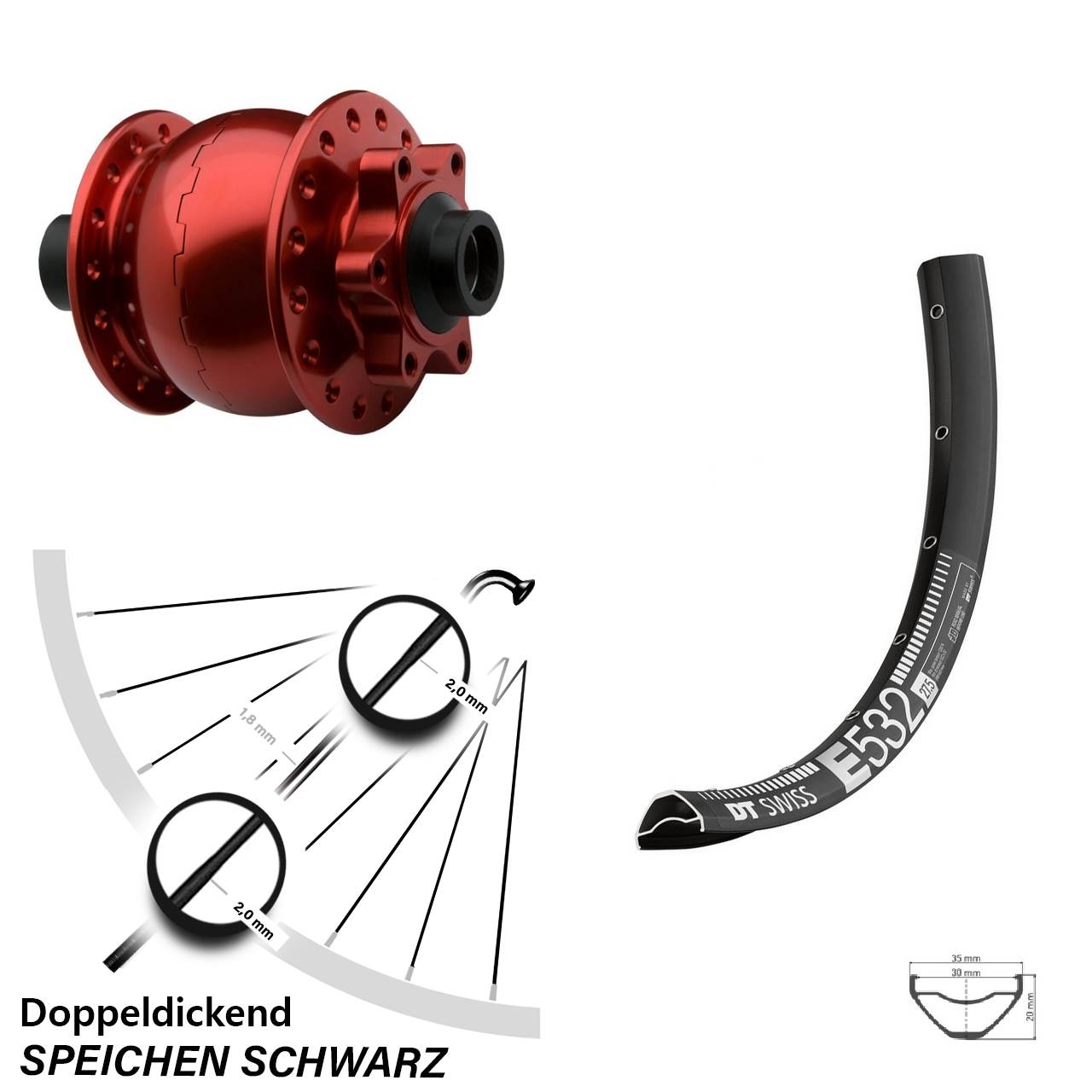 29 Zoll Vorderrad DT Swiss E 532 Dynamo SON 28-15 rot eloxiert Steckachse 6-loch