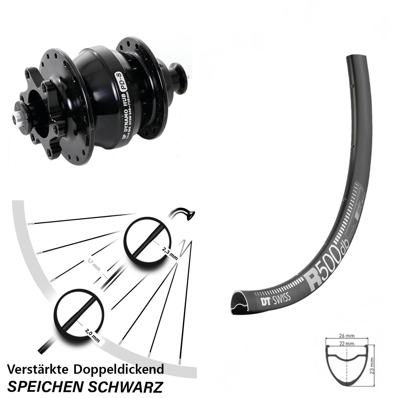 DT Swiss R 500 Shutter PD-8 28-29 Zoll Disc Vorderrad mit Nabendynamo für Schnellspanner