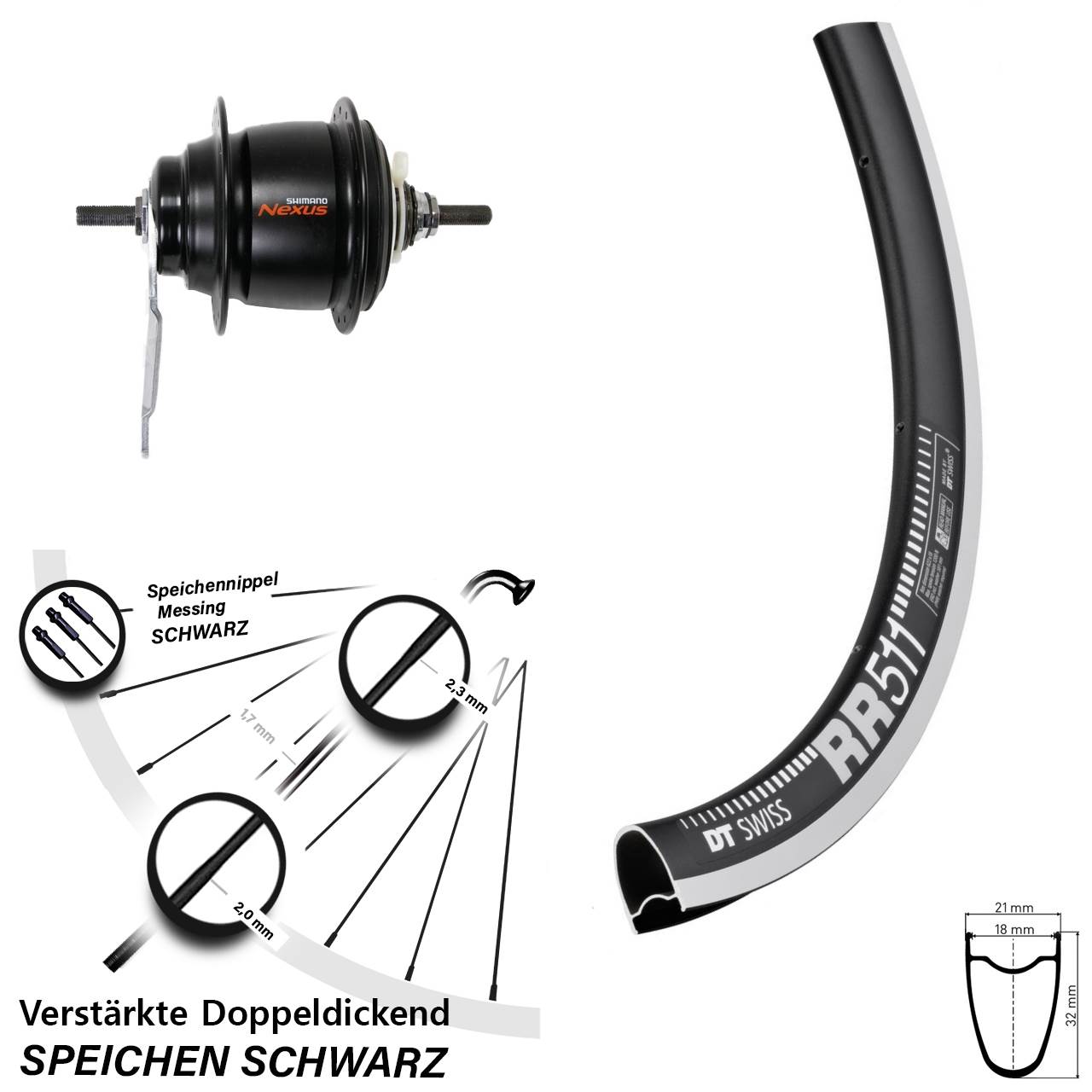 Hinterrad 28 Zoll Shimano Nexus 8 Gang DT Swiss RR-511 Rücktrittbremse