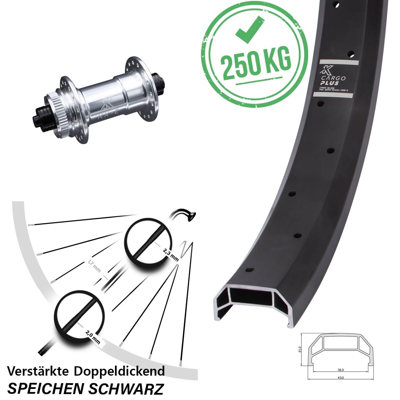 Centerlock Vorderrad für Schnellspanner 20 Zoll KX-E Cargo Plus verstärkt