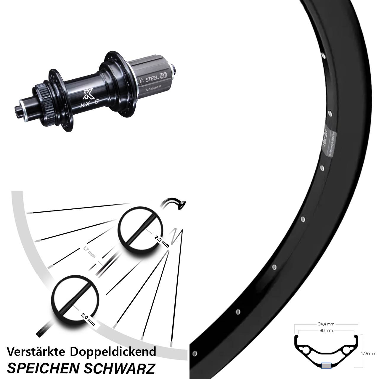 Centerlock Hinterrad 29 Zoll Ryde Disc 30 KX-GS Heavy Duty 8-12 fach HG QR
