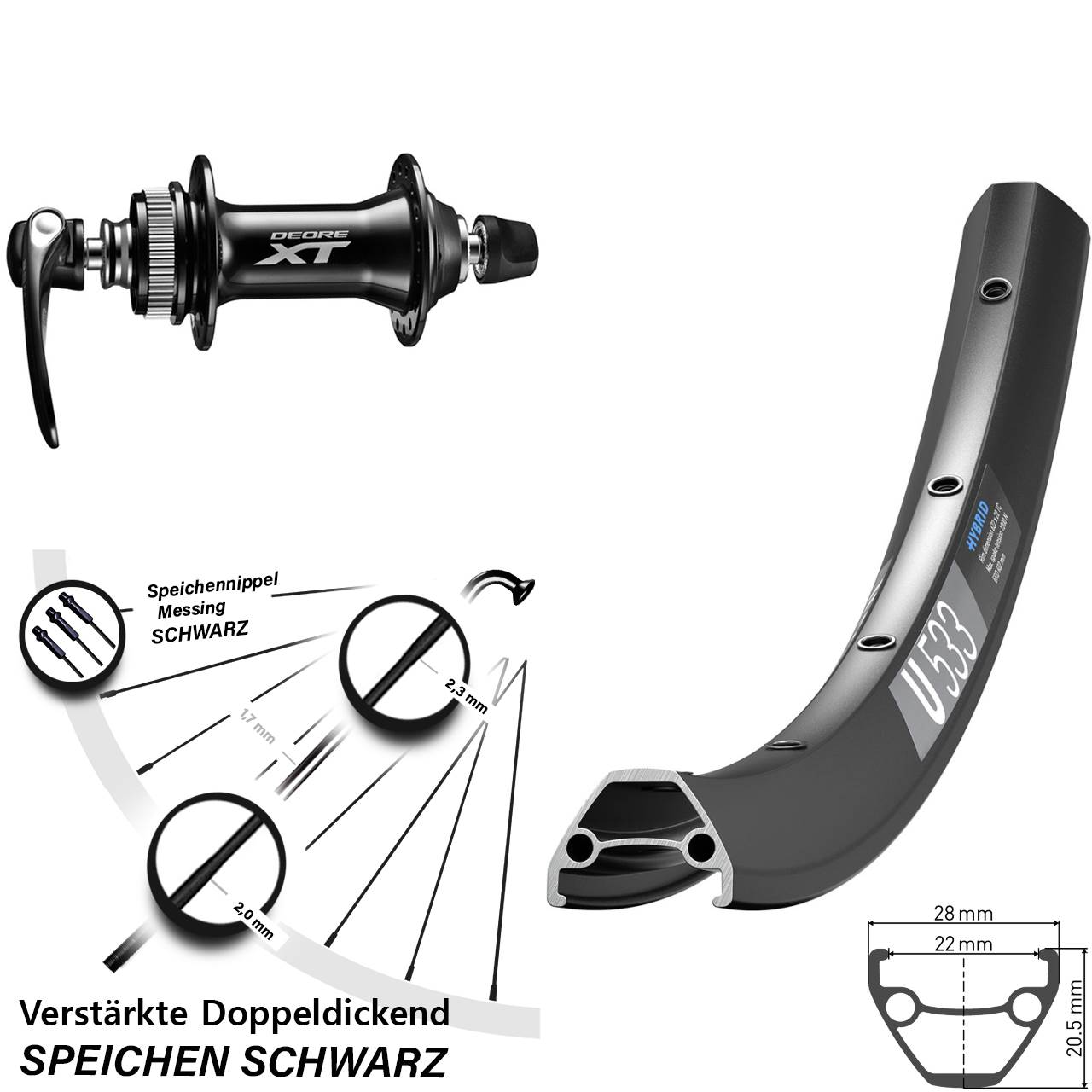 DT Swiss U533 Shimano Deore XT HB-M8000 27,5 Zoll Vorderrad für Schnellspanner