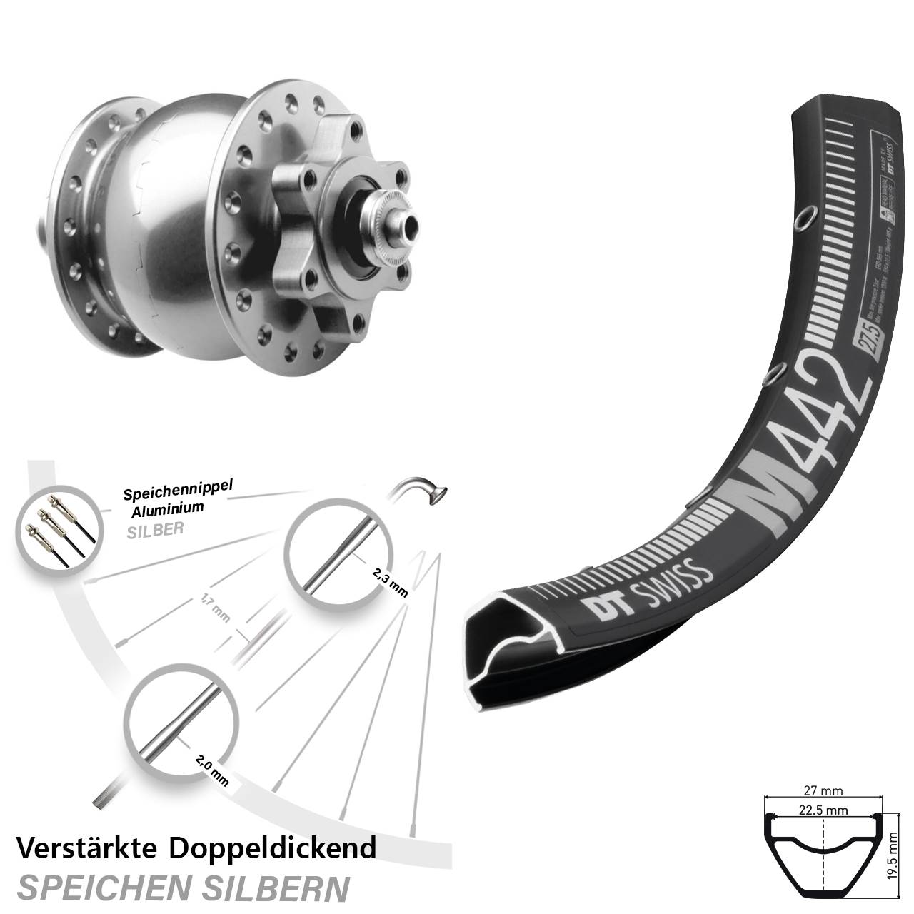 DT Swiss M 442 SON 28 Zoll silbern Disc Vorderrad mit Nabendynamo für Schnellspanner