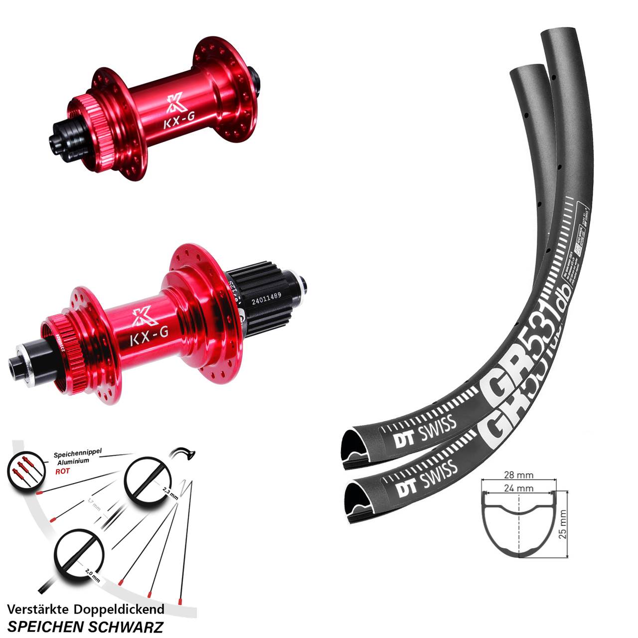 28 Zoll DT Swiss GR531 KX-G rot Disc Laufradsatz für Schnellspanner Shimano Micro Spline