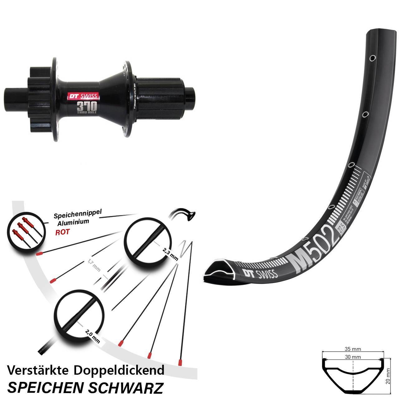 29 Zoll DT Swiss M 502-370 Hybrid Hinterrad 6-Loch 12x142 8-11 fach