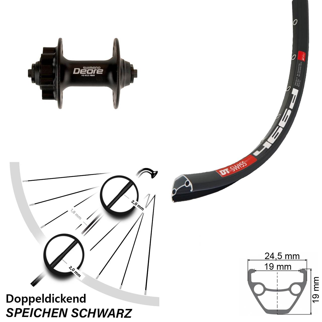 DT Swiss 466d Shimano Deore HB-M525 28 Zoll Vorderrad 6-Loch für Schnellspanner