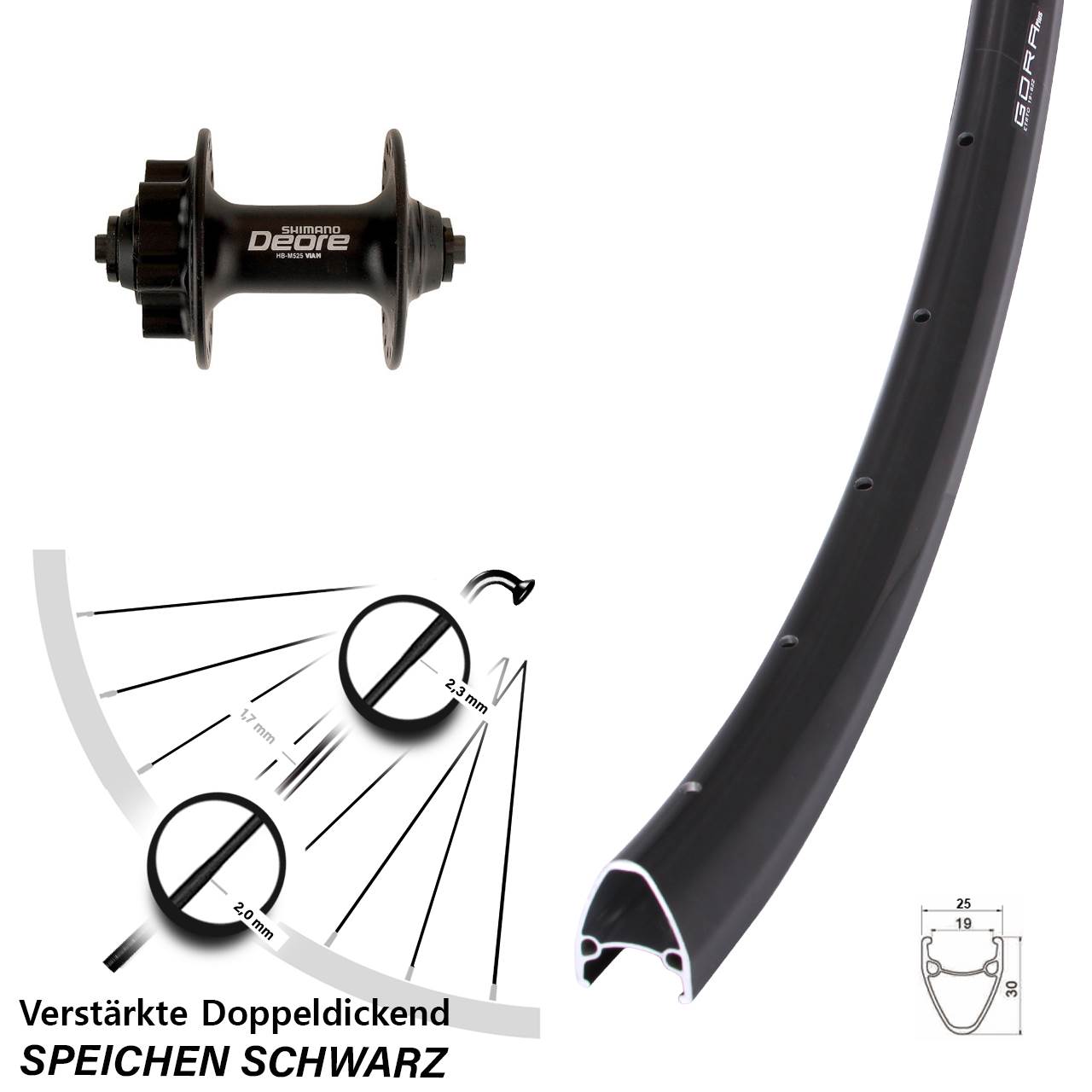6-Loch Vorderrad 28 Zoll Gora Plus Shimano Deore HB-M525 QR