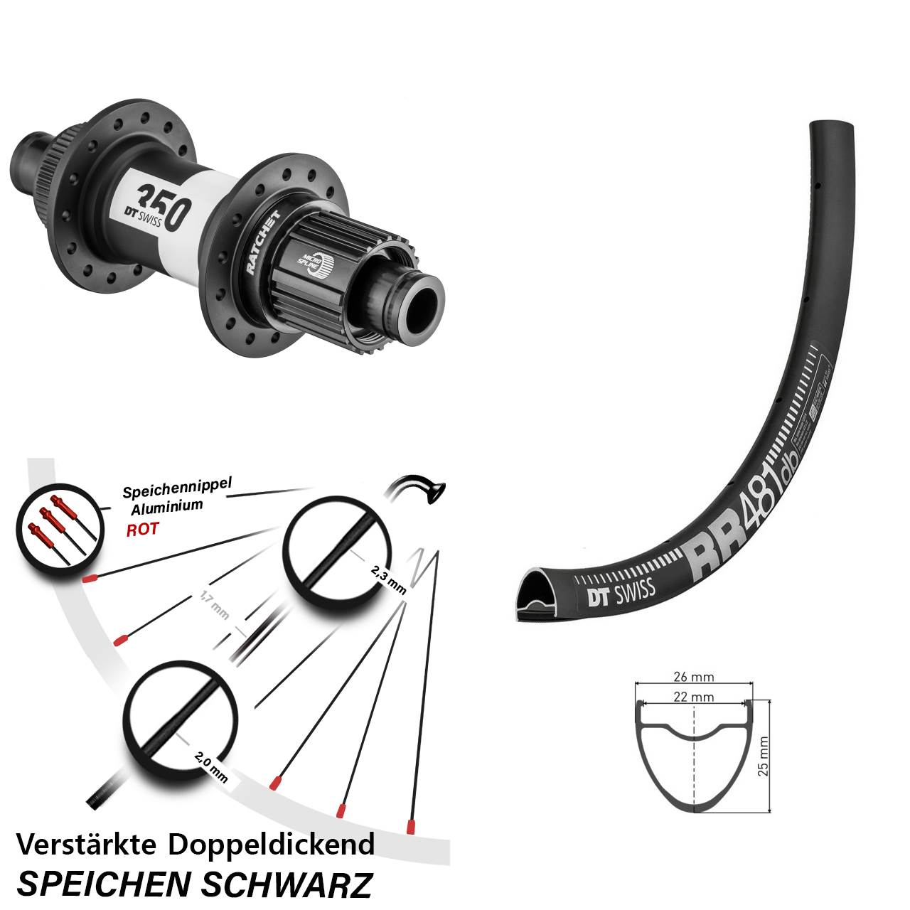 28 Zoll DT Swiss RR 481-350 Ratchet 36 Disc Hinterrad 12x142 Micro Spline