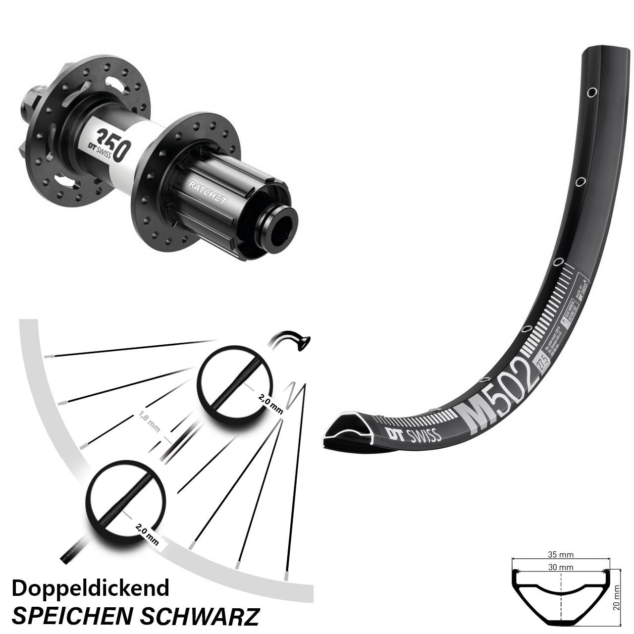 DT Swiss M 502 27,5 Zoll Hinterrad 350 6-Loch 8-11 fach 12x148