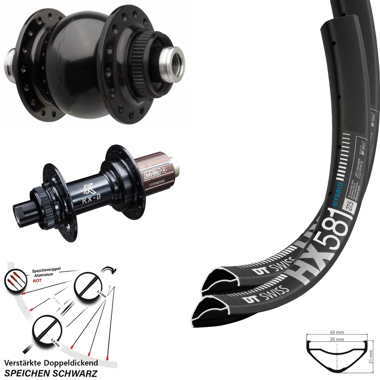 Boost Centerlock Laufradsatz 12x110/148 27,5 Zoll DT Swiss HX581 KX-B SON 28 8-12 fach