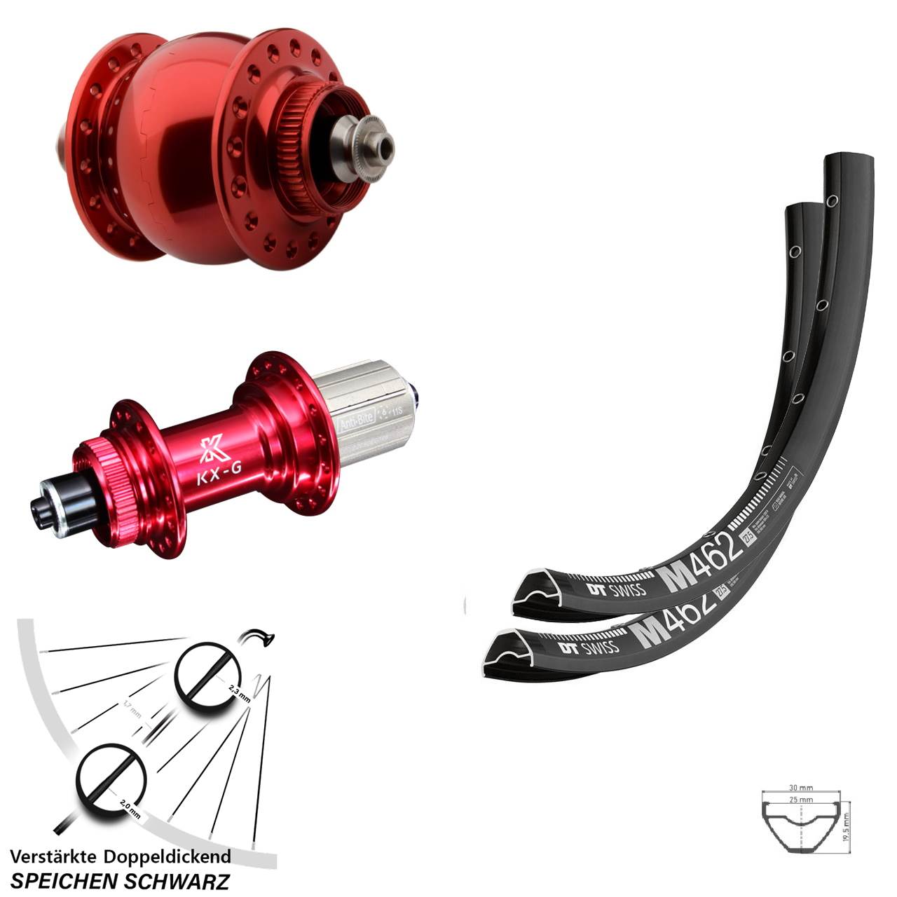 29 Zoll DT Swiss M462 KX-G rot SON delux Disc Laufrad-Satz QR 8-12 fach HG