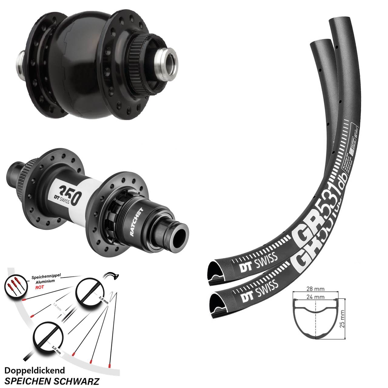 28-29 Zoll DT Swiss GR531-350 Ratchet 36 SON delux Laufradsatz Centerlock 12x100/142 XDR