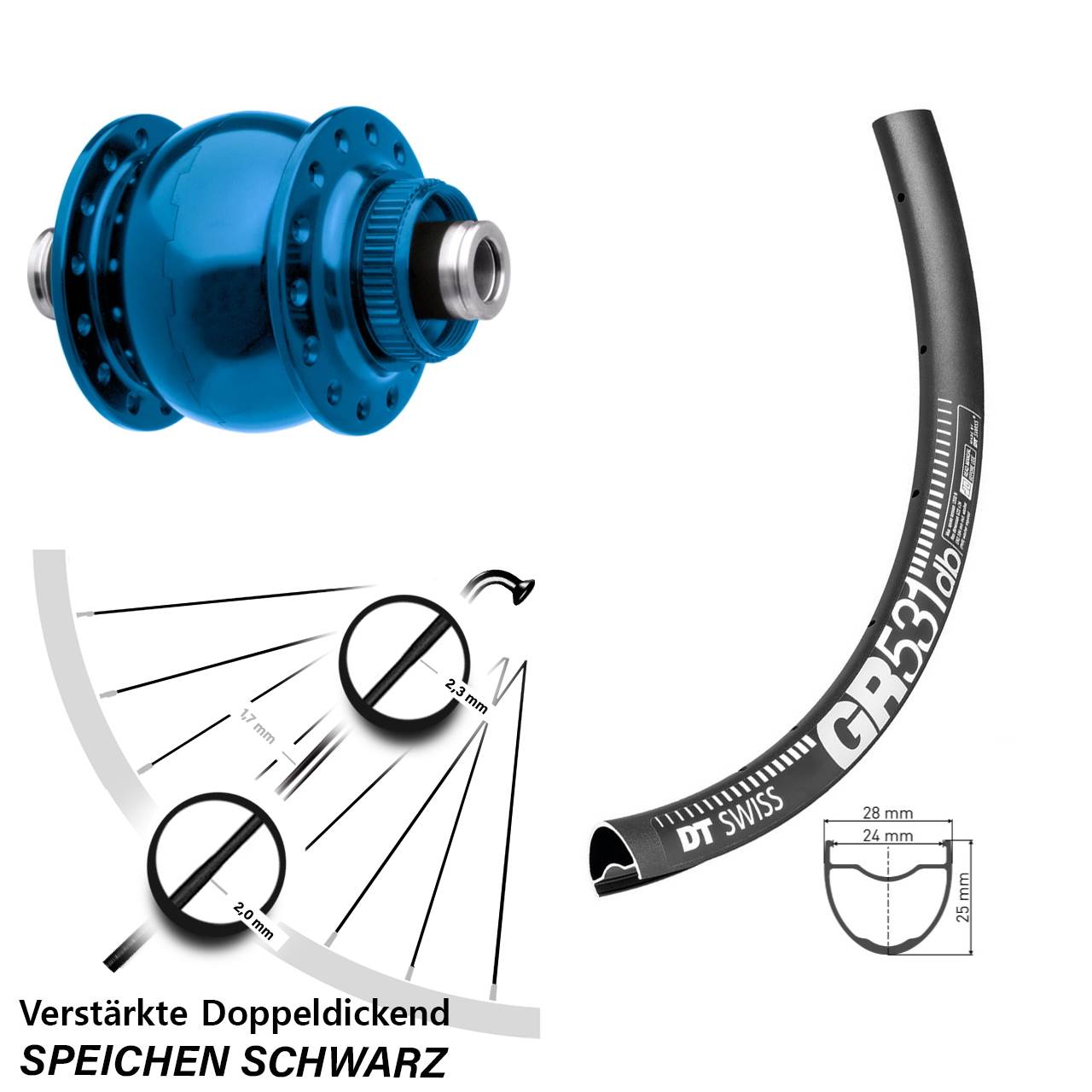 SON 28 blau DT Swiss GR531 650B Disc Vorderrad mit Nabendynamo 12x100